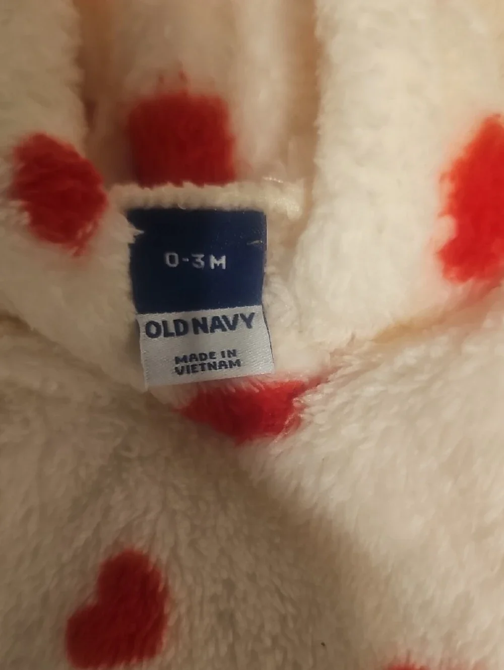 Old Navy Cream Fuzzy Hooded One-Piece with Red Heart Print